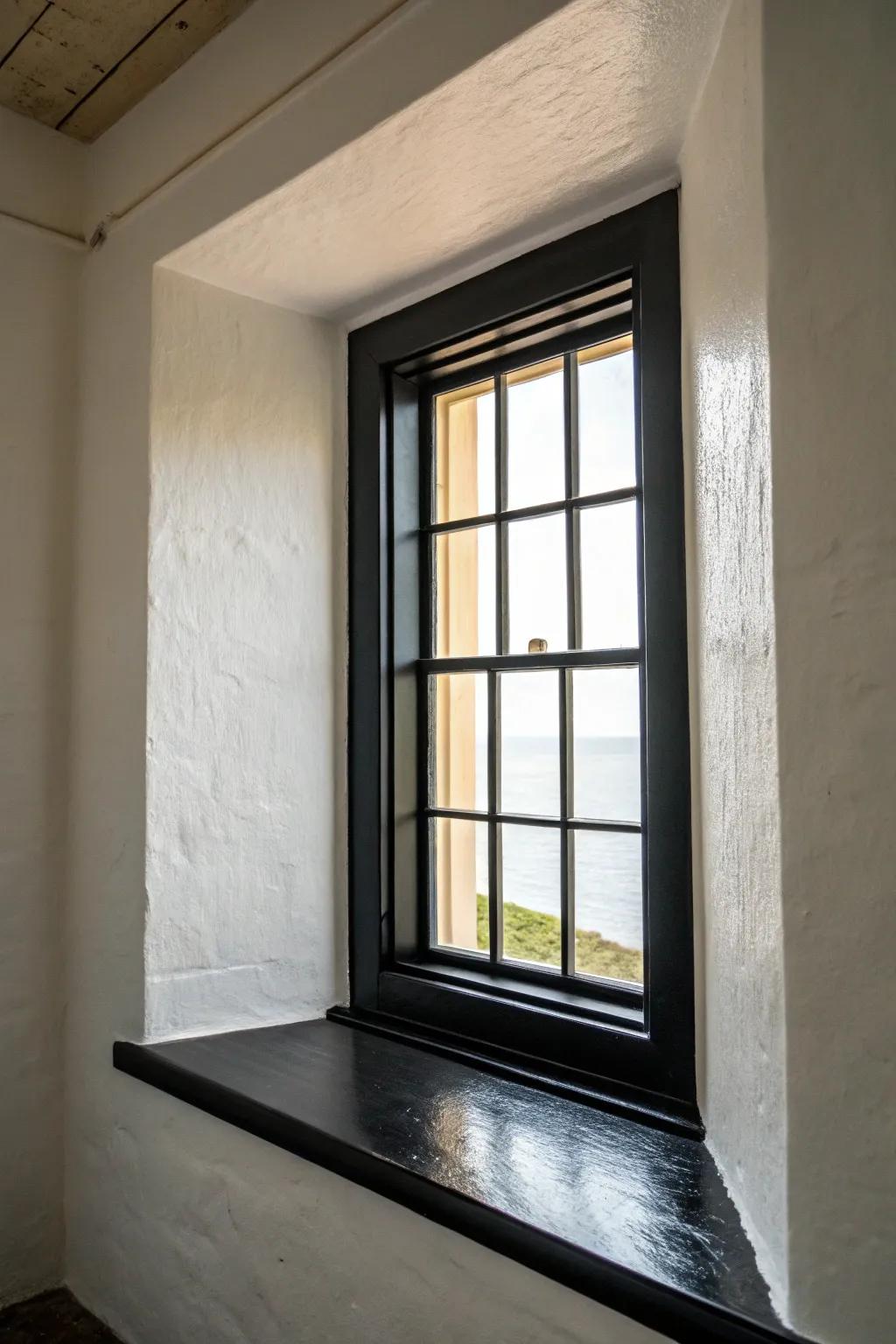 A window featuring bold black trim, providing a strong contrast in the room’s aesthetic.