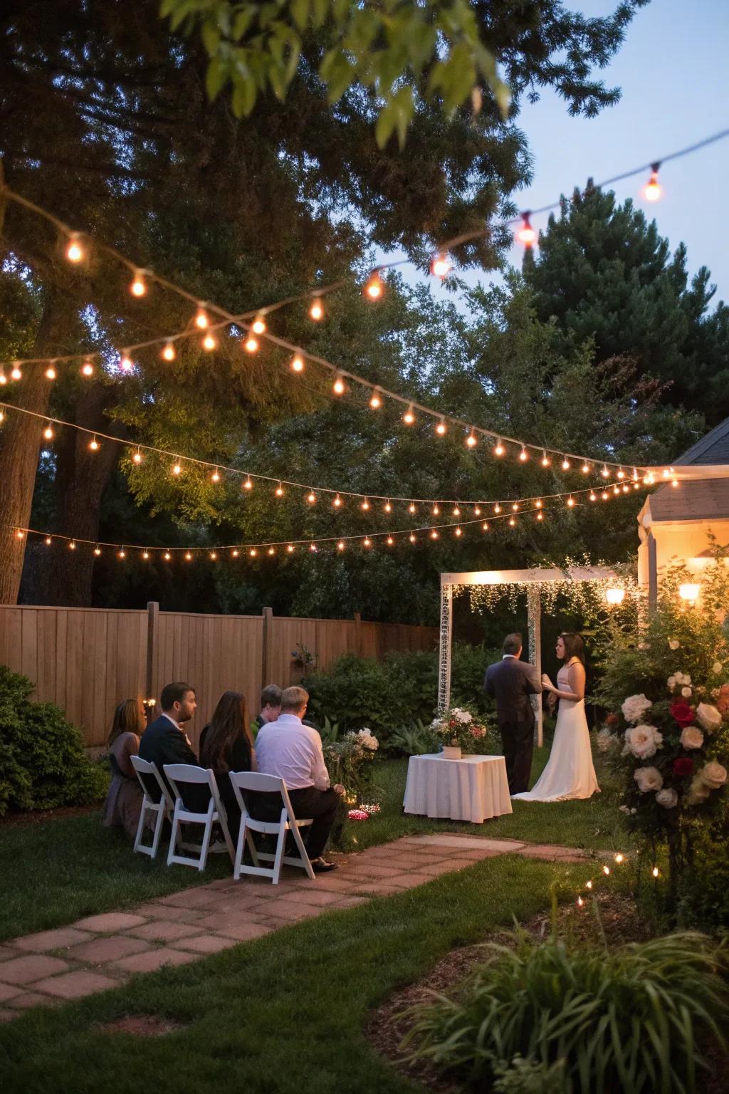 Decorative lights projecting a cozy glow over a backyard wedding.