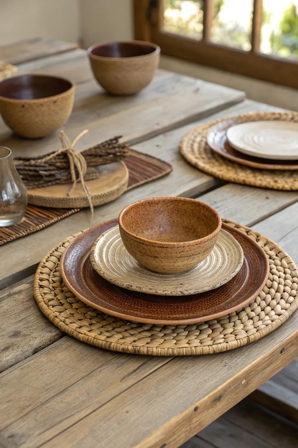 Natural tableware imparts countryside charm to the setting.