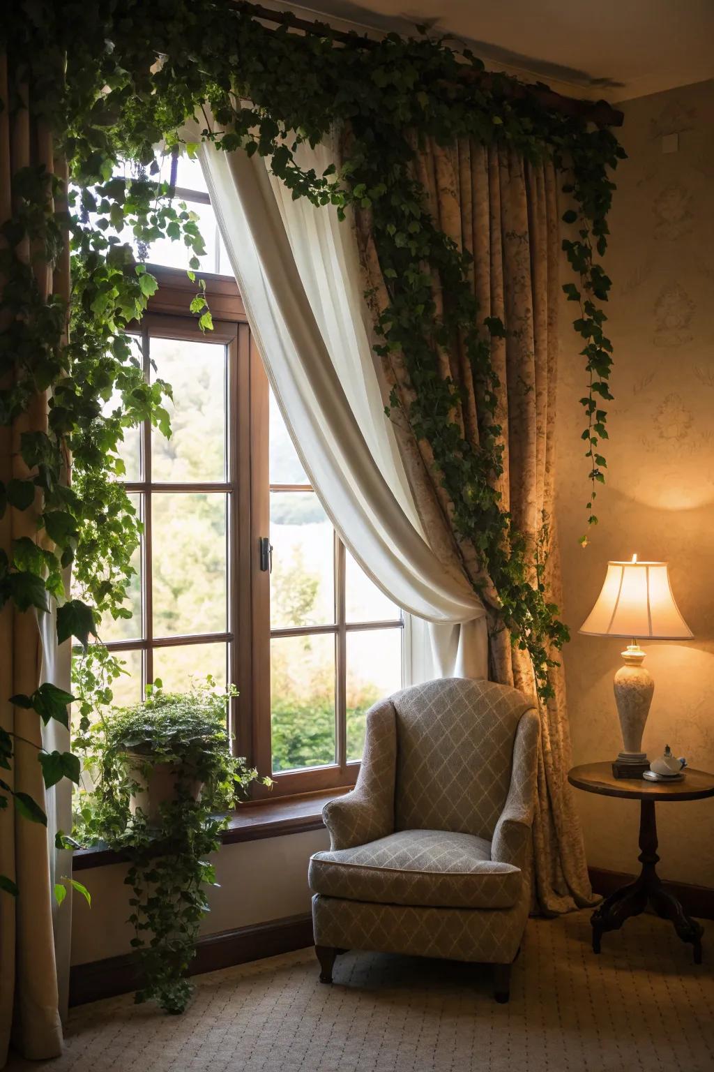 Elegant greenery accents framing a window, fashioning a soft and organic visual appeal.