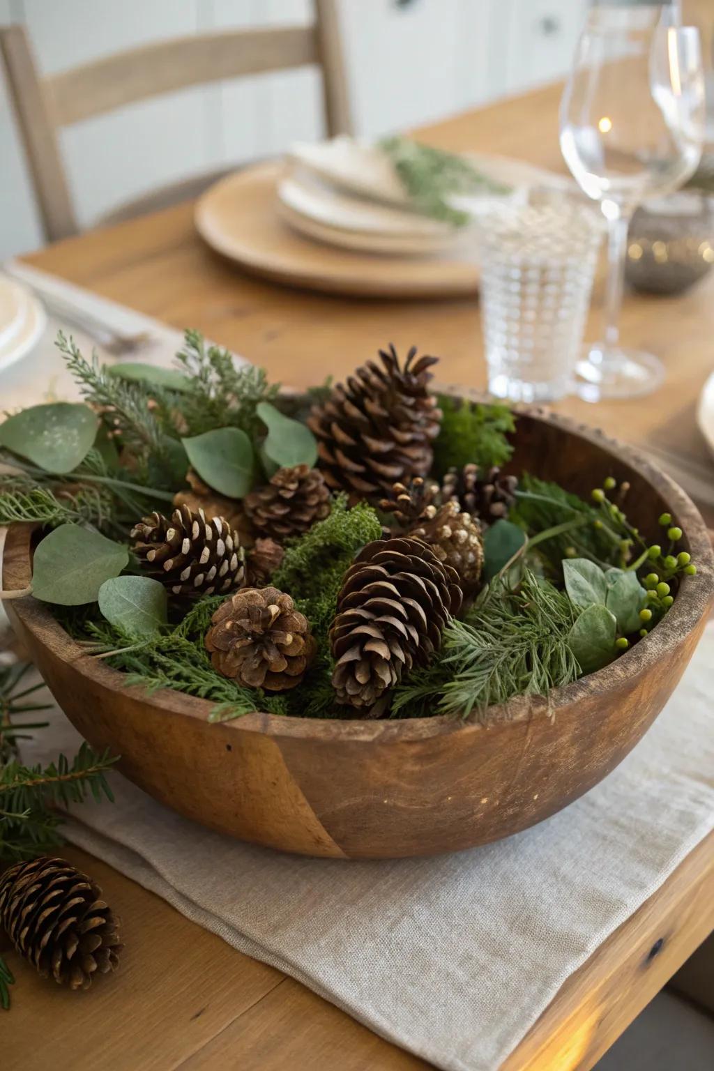 Bring the essence of nature indoors with fir cones and plant life.