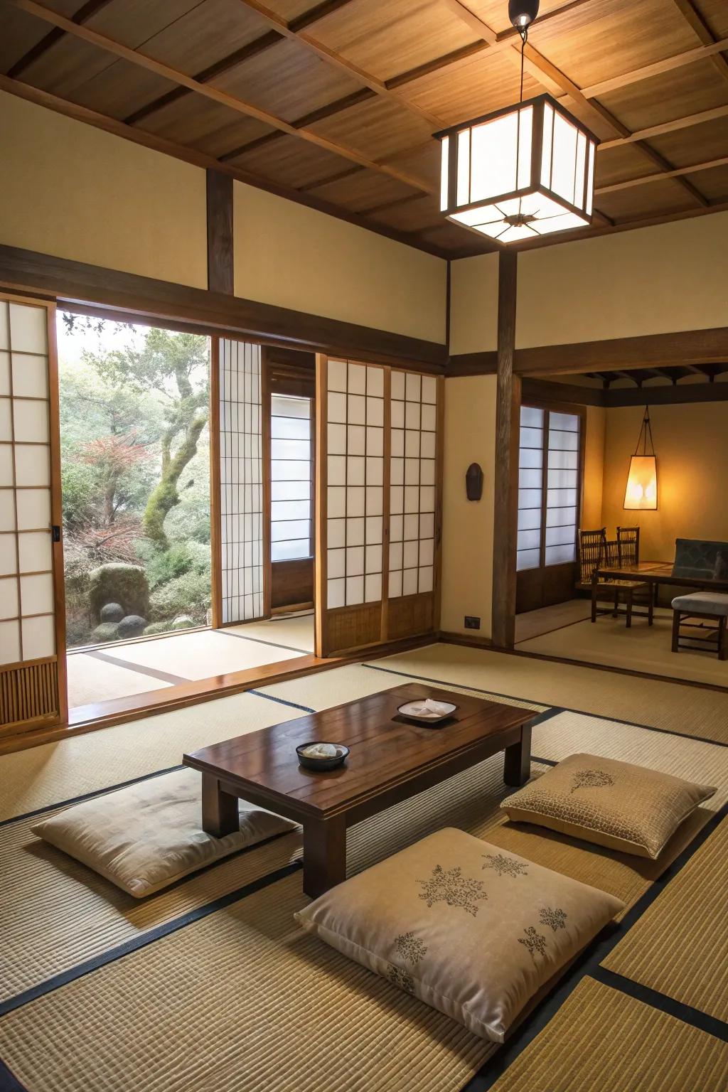 Floor-level seating arrangements cultivate an inviting atmosphere.