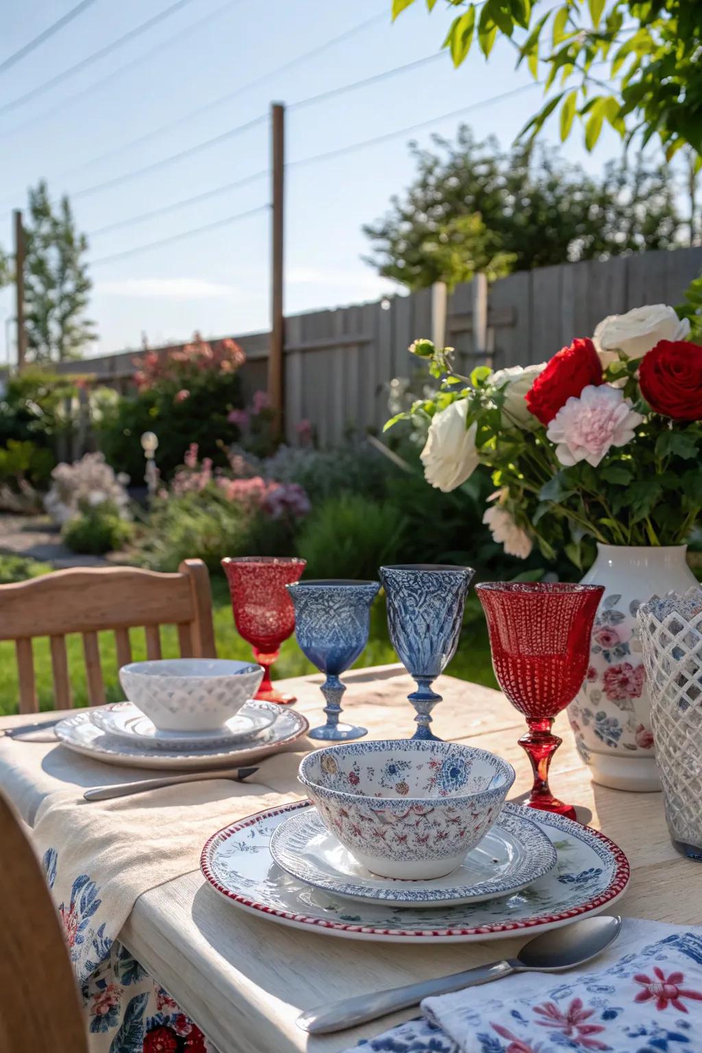 An aristocratic table décor highlighted by colored glass in red, white, and blue.
