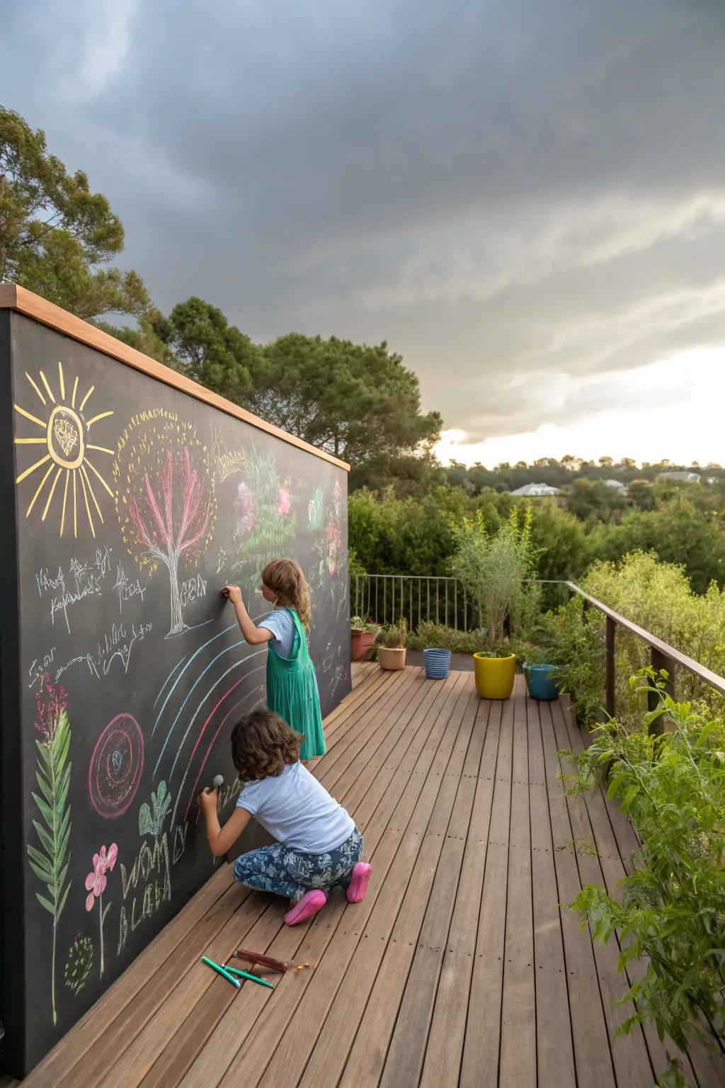 An outdoor deck featuring an expansive chalkboard wall where kids are creating artwork with an assortment of colorful chalk.