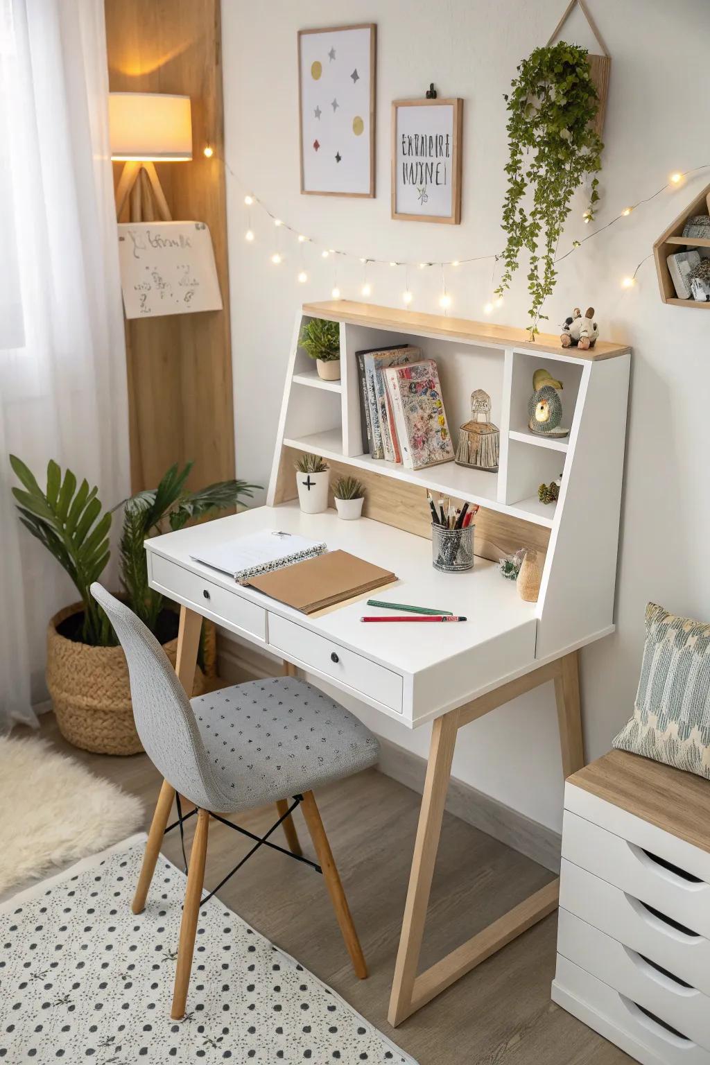 A minimalist elevated worktop making great use of the limited area.