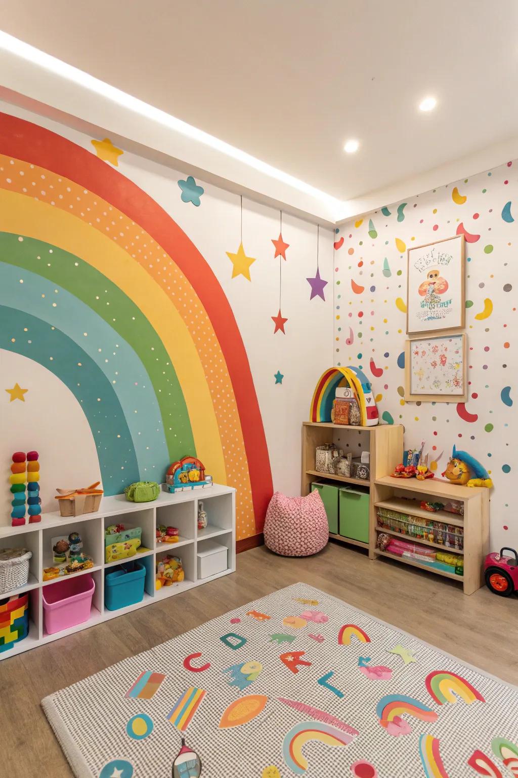 A vibrant playroom displays rainbow-colored wallpaper, sparking joy and creativity.
