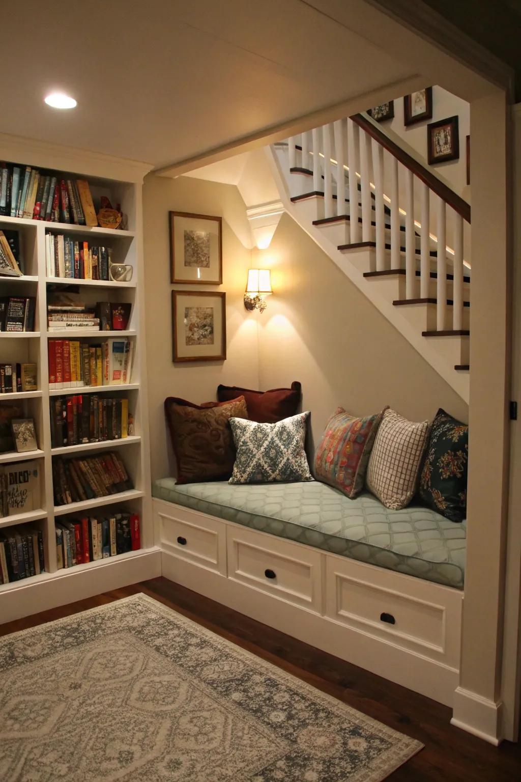 A cozy under-the-stairs reading nook, perfect for secret reading adventures.