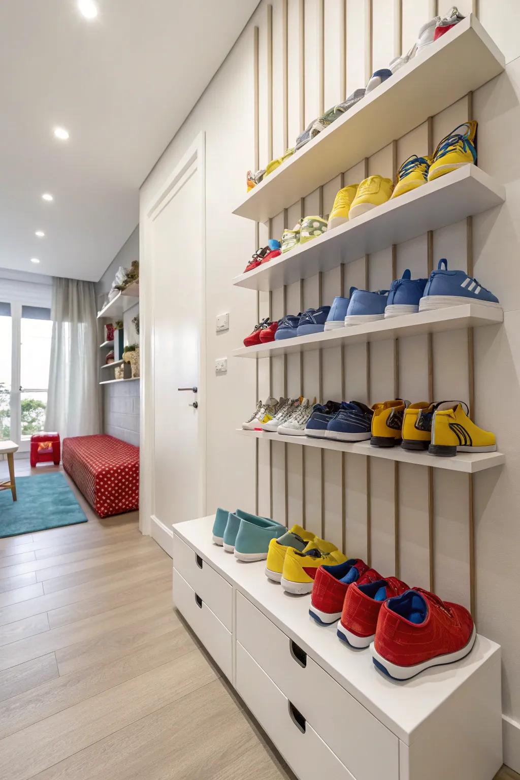 Showcase shoes creatively with wall-mounted shelves.