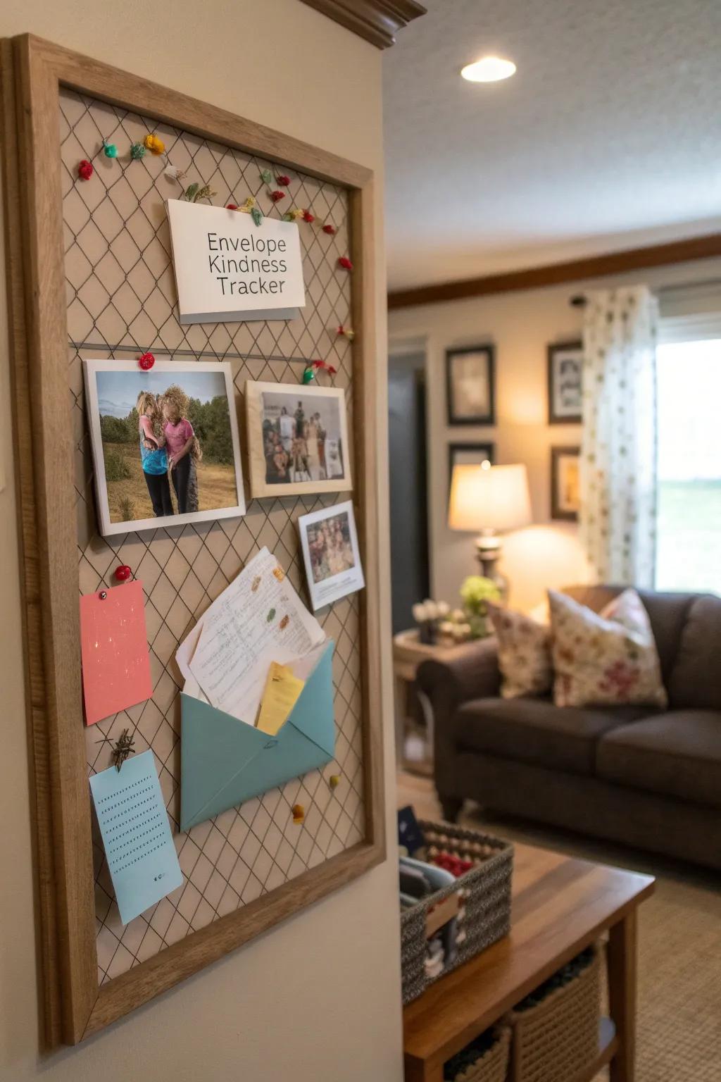 A family room kindness tracker featuring pockets for sharing kind actions and messages.