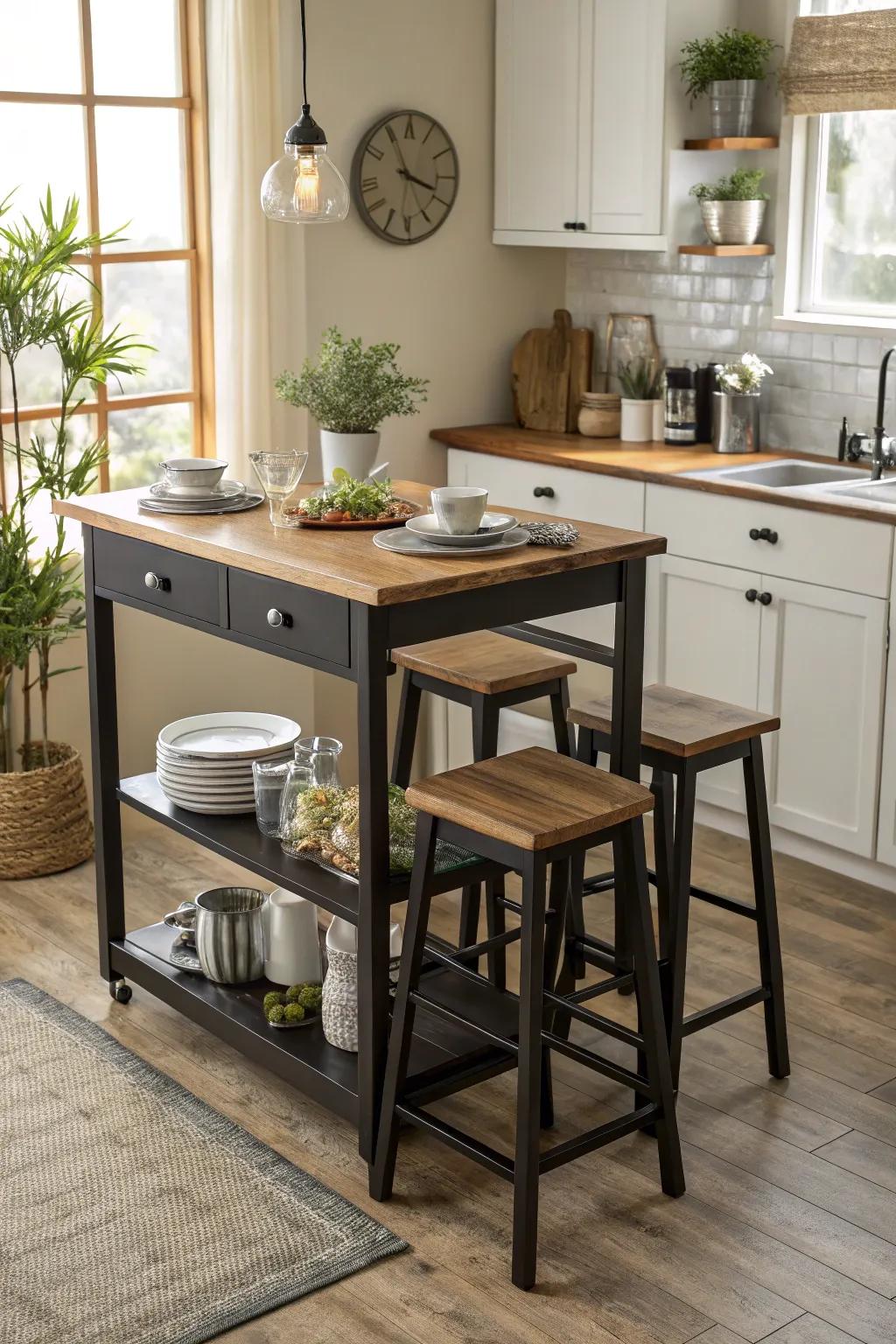 In small kitchens, multi-use furniture maximizes functionality.