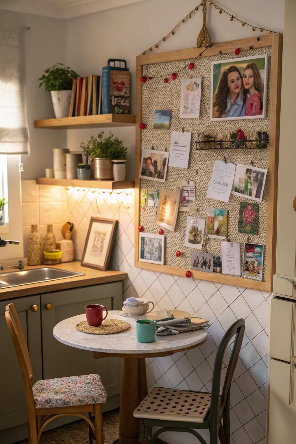 Bring coziness to your kitchen with an organizer showcasing family portraits.
