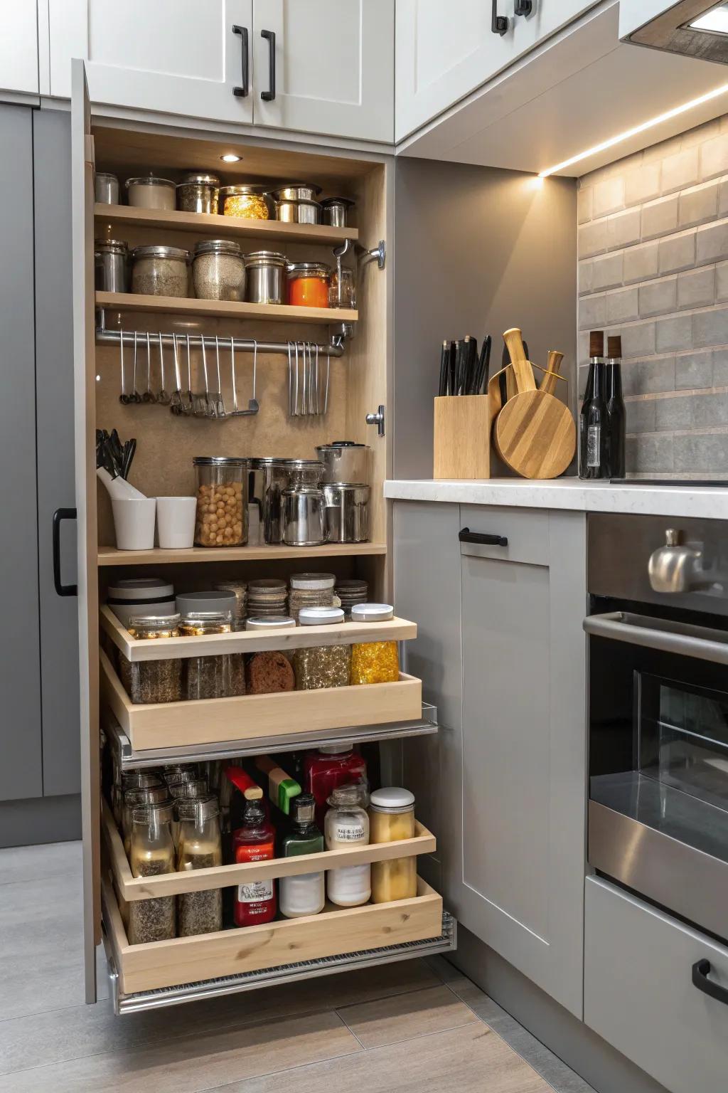 Sliding shelves make it easier to access the contents of corner cabinets.