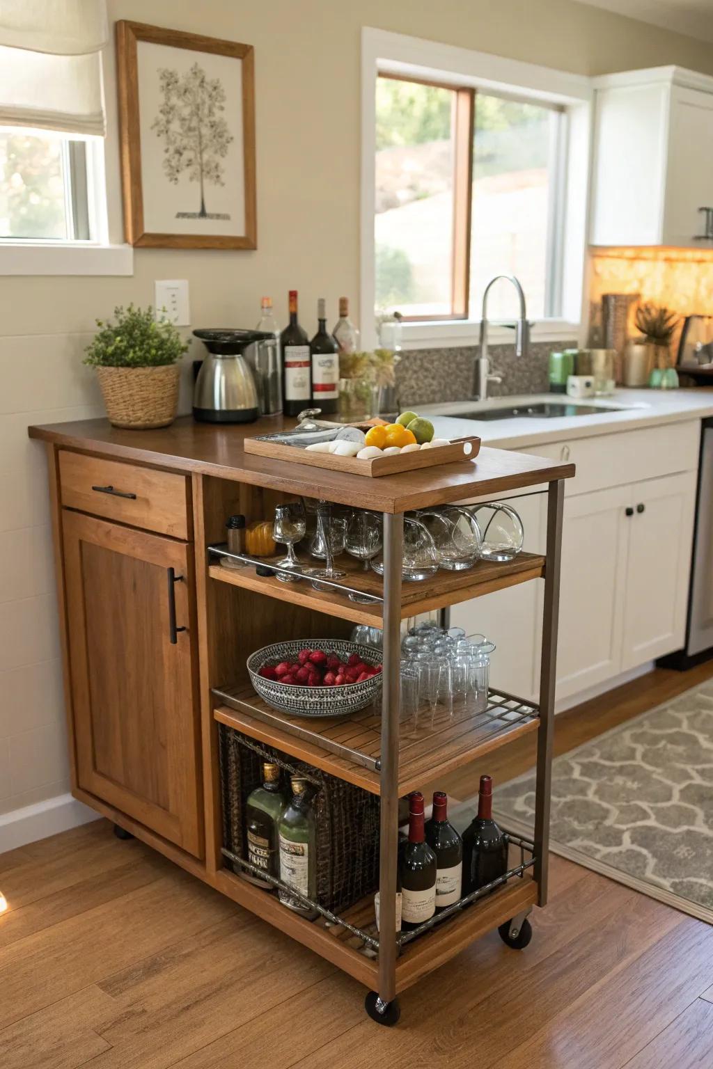 A multi-functional sideboard works as a handy drinks station in a small kitchen.
