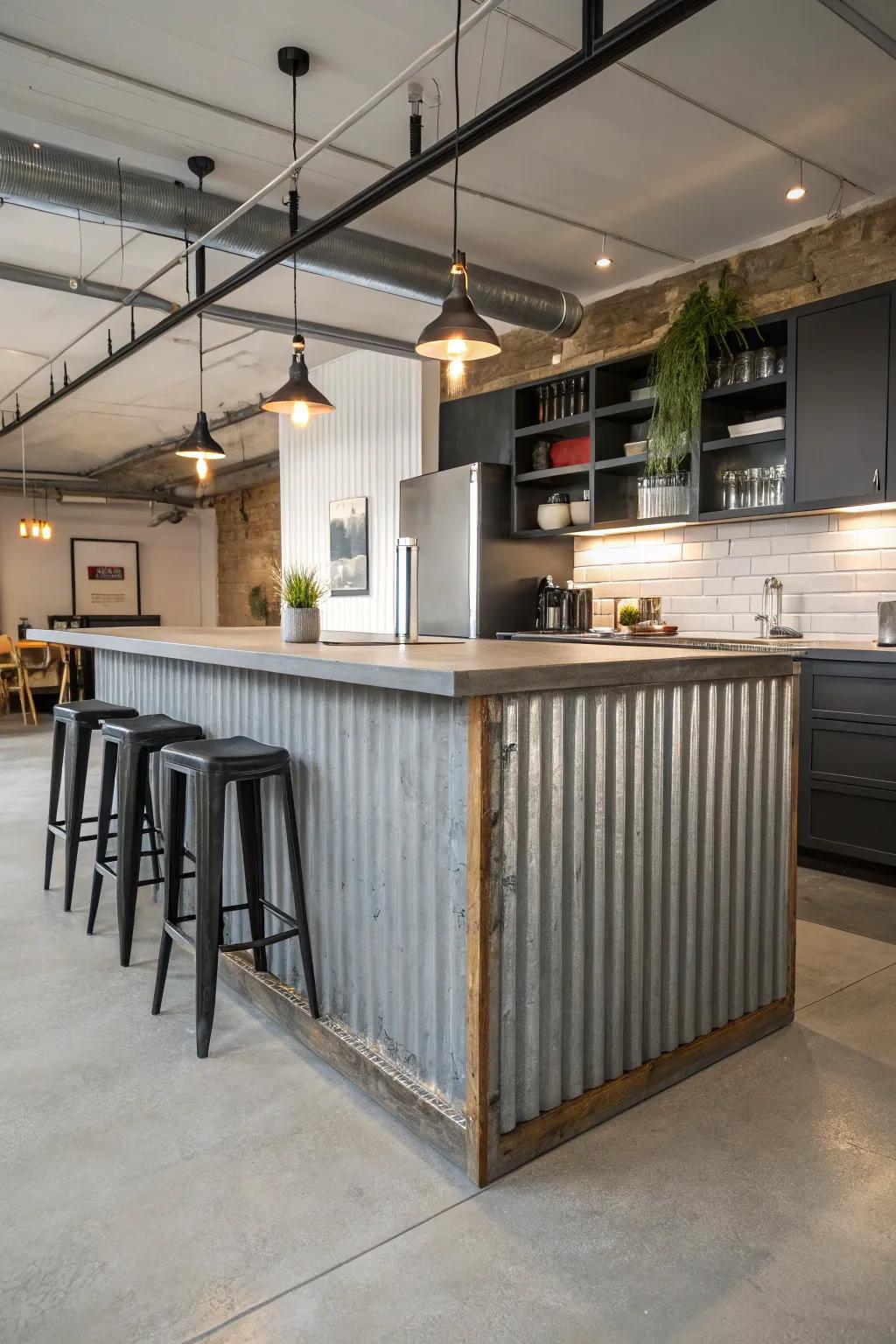 Grooved metal introduces a mechanistic flair to this cooking area focal point, crafting a striking declaration.