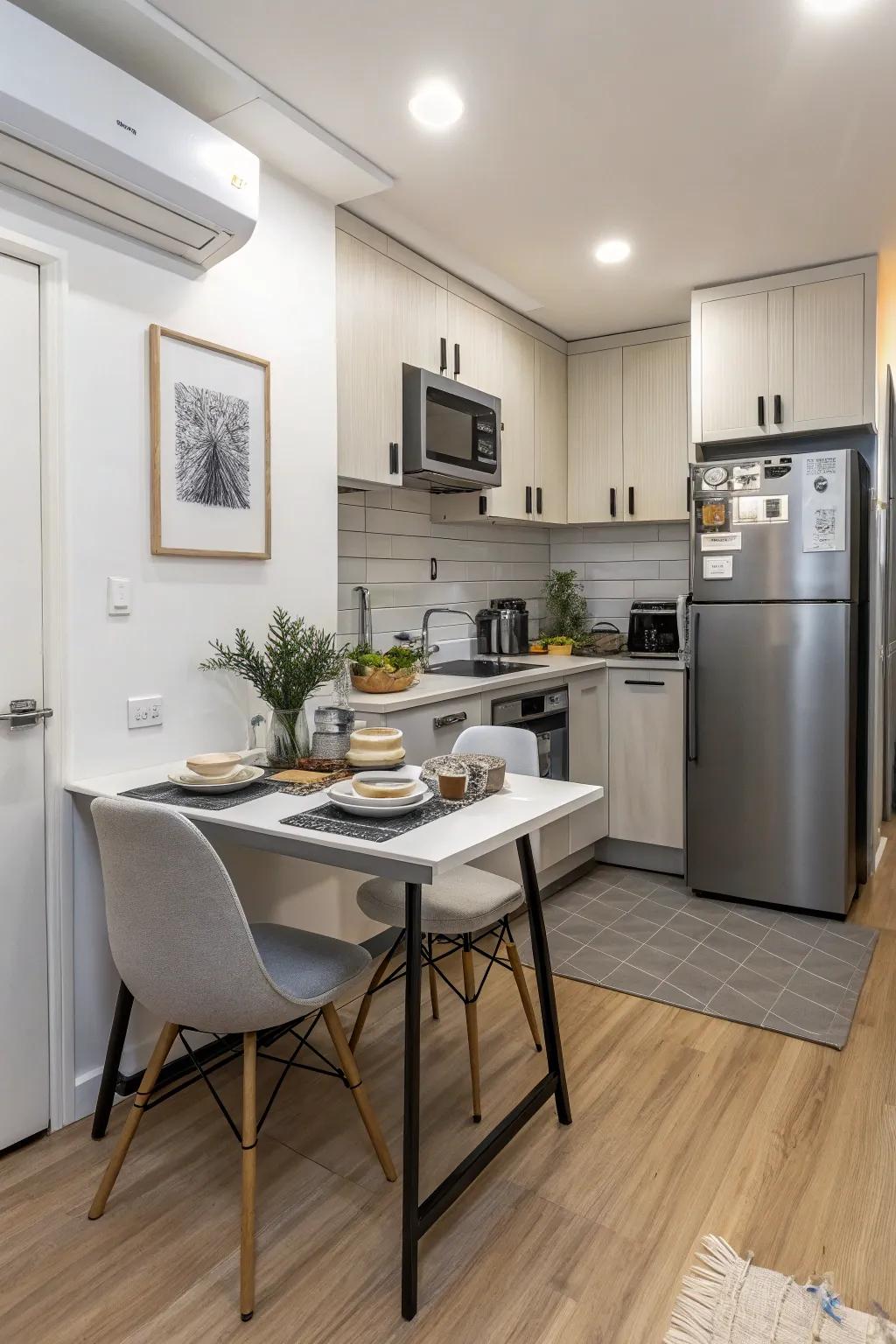 Take advantage of small spaces with a compact workspace and dining surface combination.