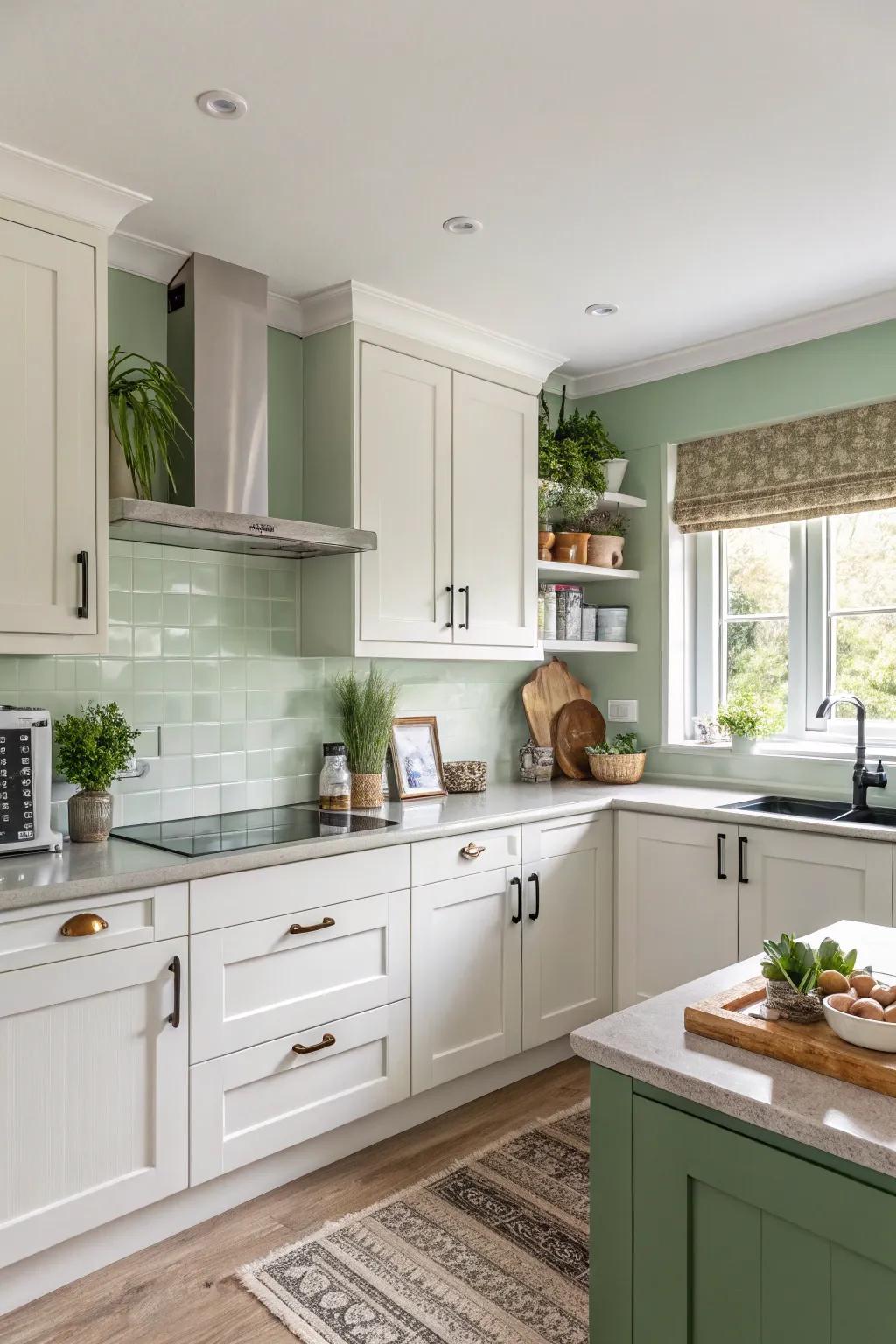 Sage green walls enhance a natural and calming kitchen environment.