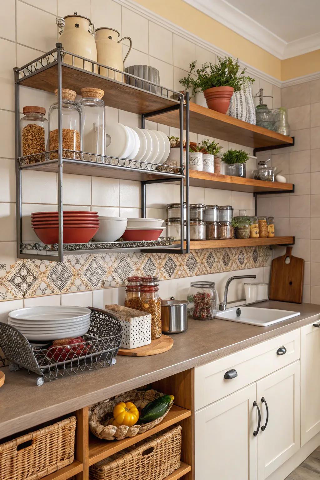 Effective storage options ensure an organized kitchen while incorporating character.