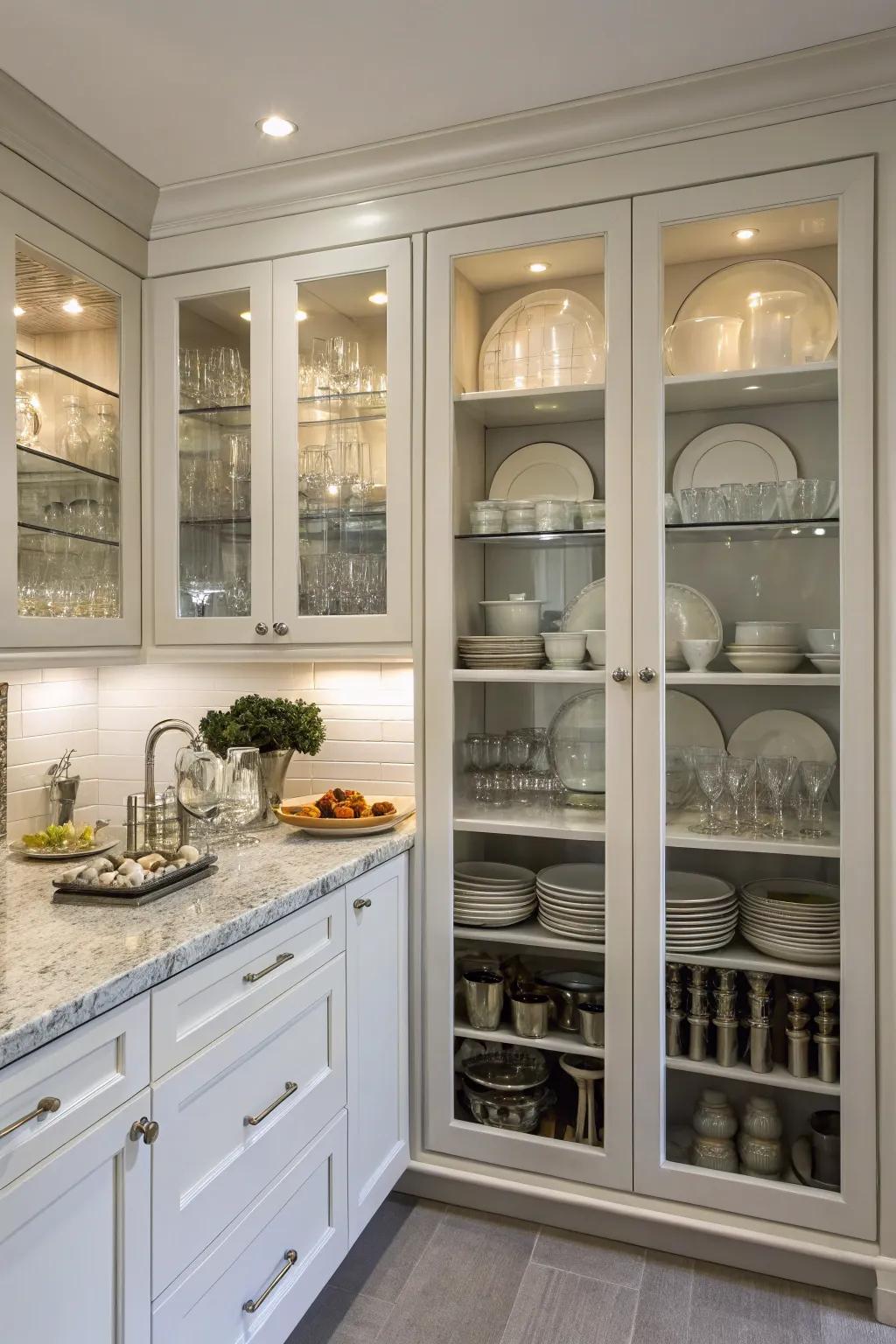 Exquisite dishware showcased within cabinets featuring translucent fronts.