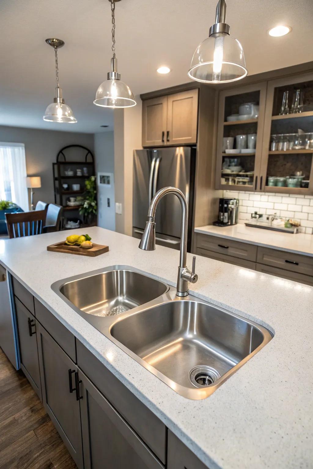 A well-organized kitchen featuring a double bowl sink for efficient multitasking.