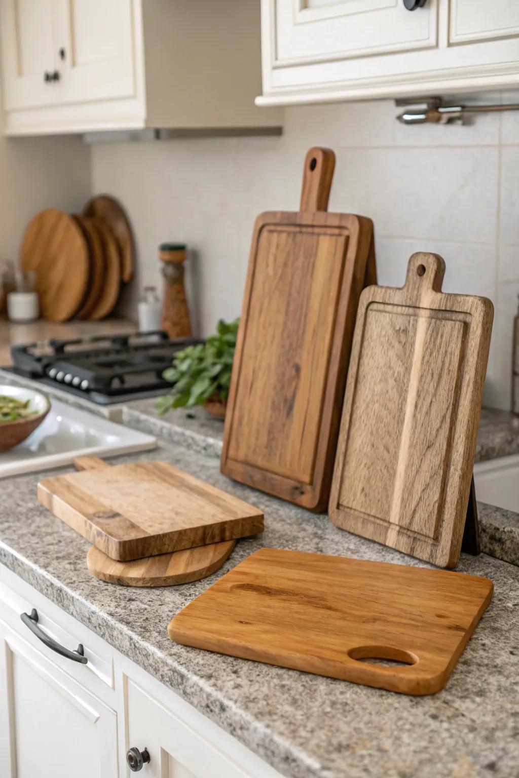Natural components such as wood and stone foster a cozy and welcoming kitchen atmosphere.