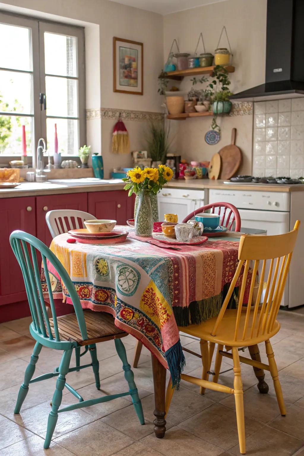 Mismatched chairs bring diverse appeal to the kitchen area.