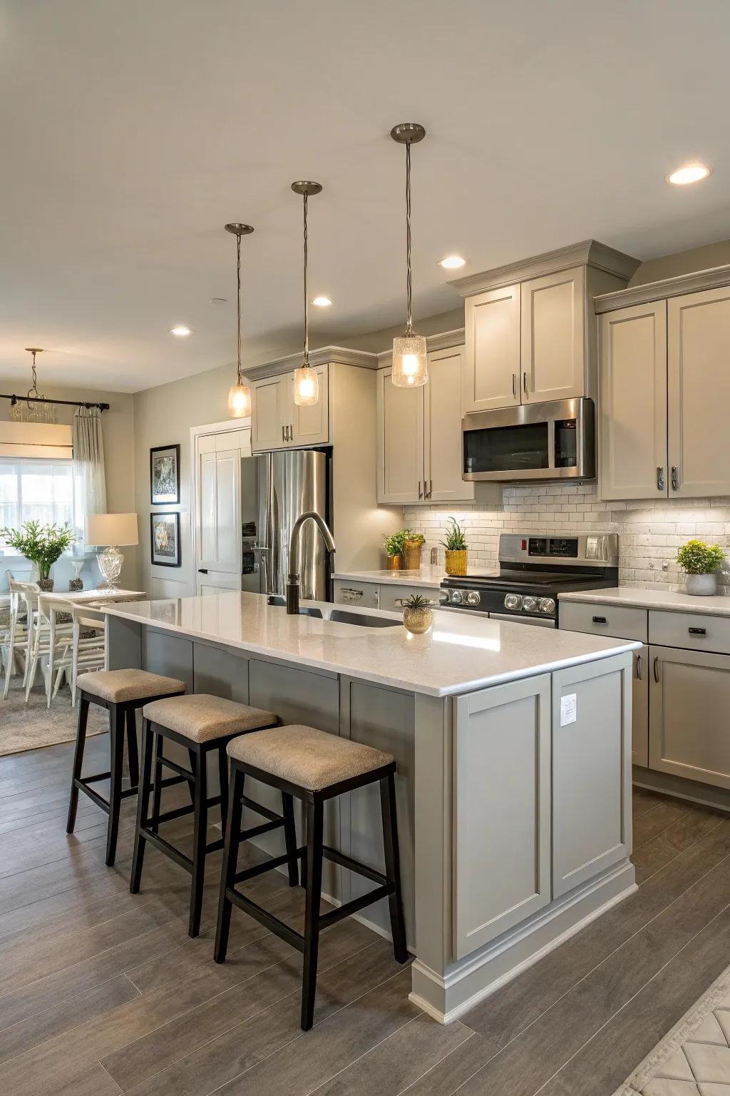 A tranquil, modern kitchen featuring a palette of light and neutral colors.