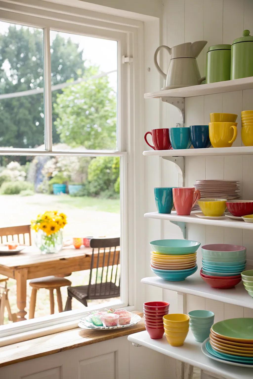 Vibrant dishware showcased on kitchen window shelves, injecting character into the area.
