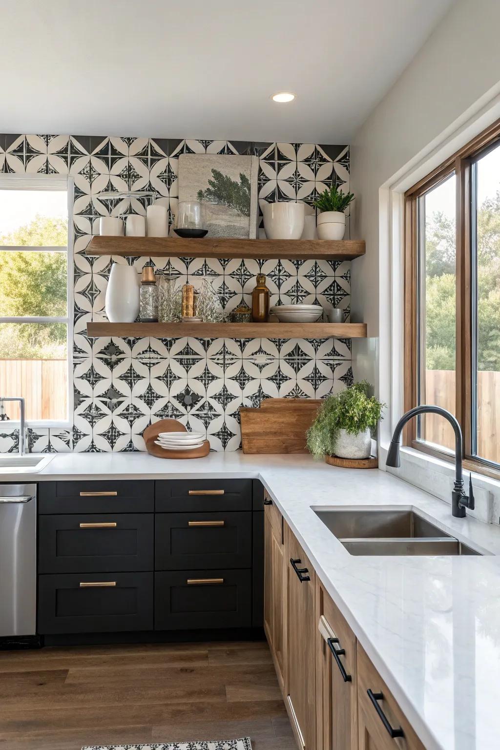 A patterned backsplash enhances floating shelves with a dramatic splash.