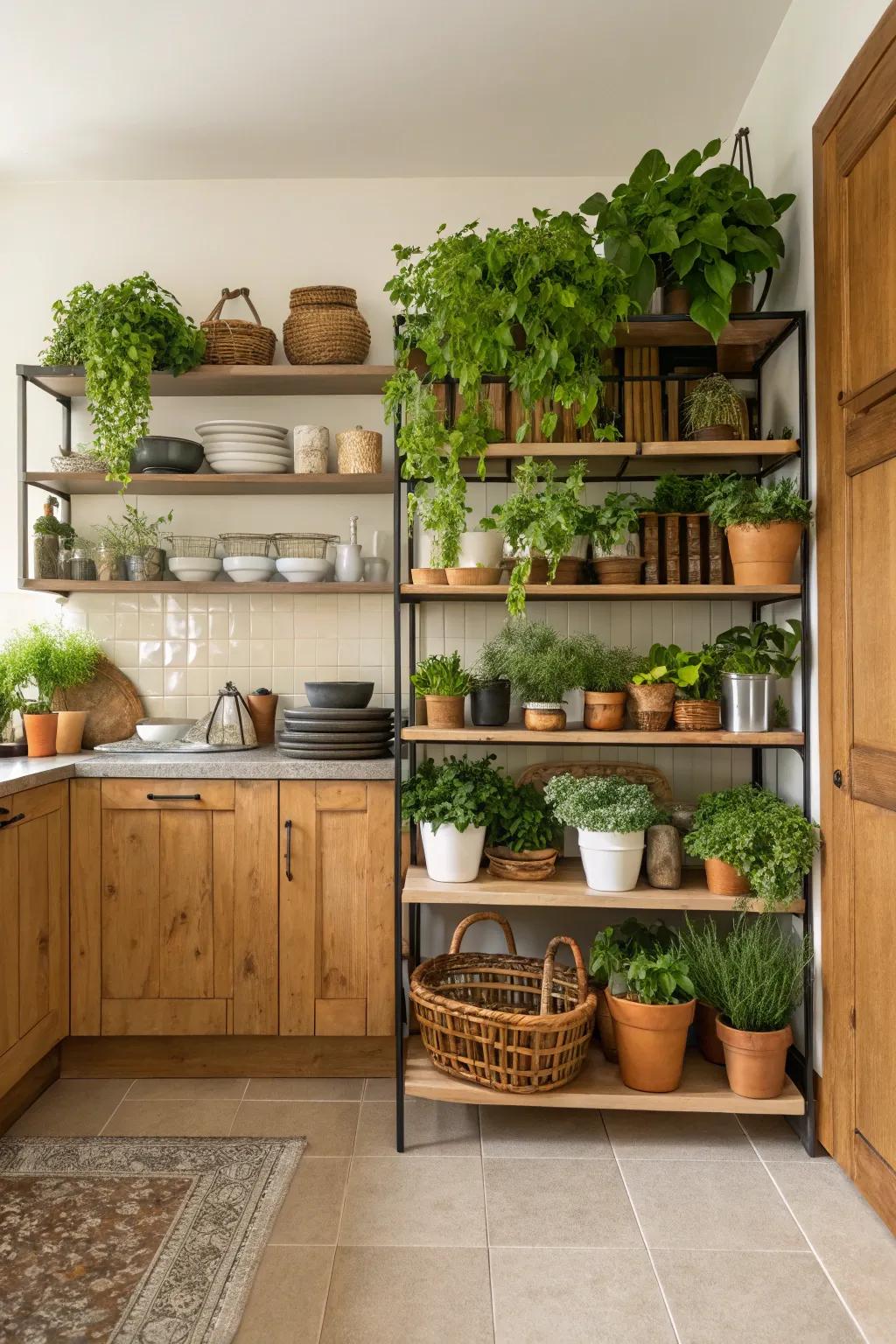 Unite greenery and kitchenware with refined shelving solutions.