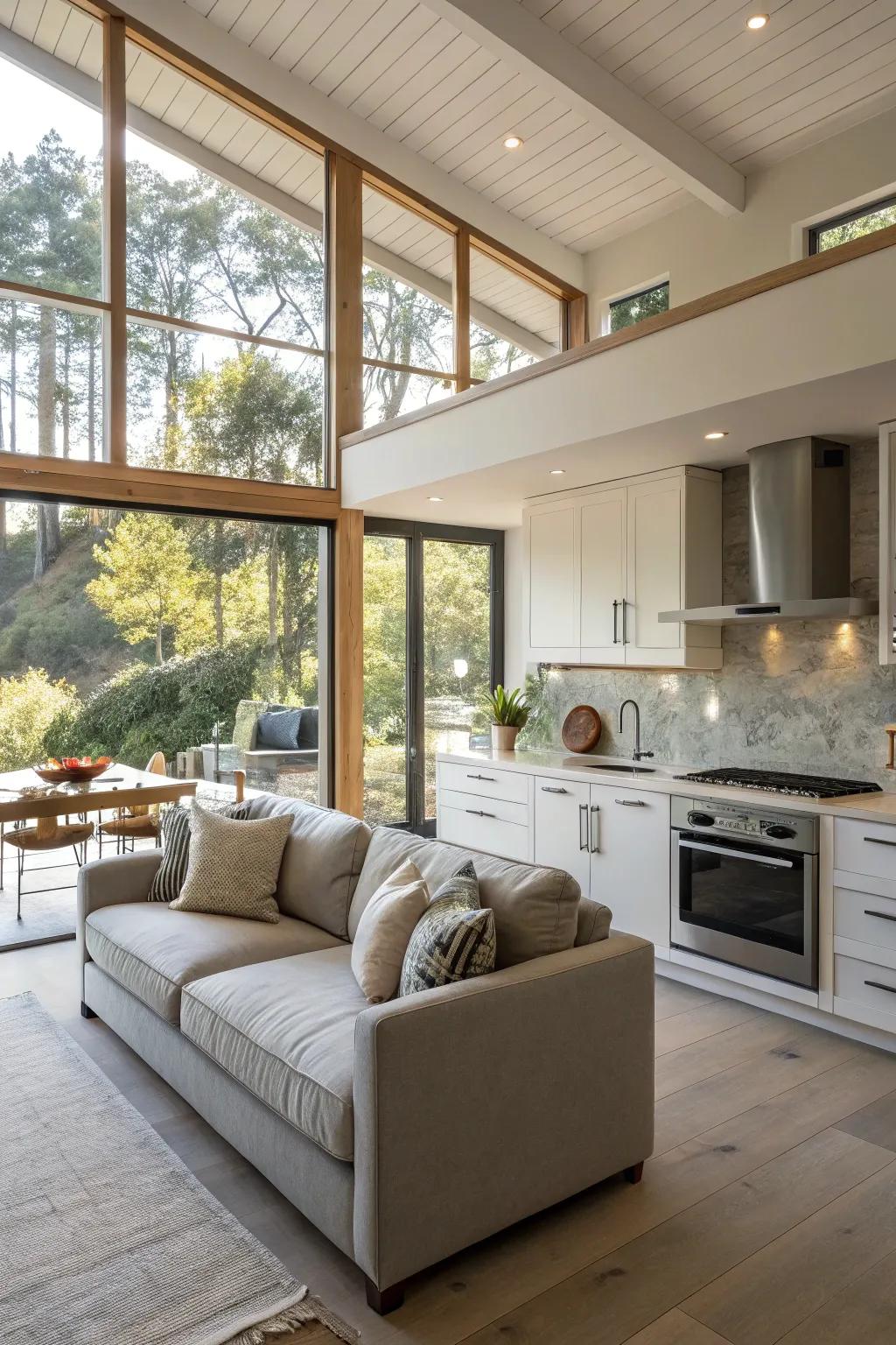 A bright kitchen featuring a sofa space, generously lit by sunlight streaming through large windows.