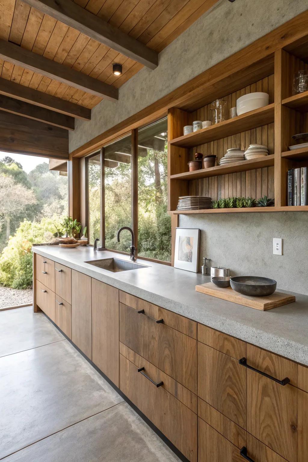 A kitchen balanced with concrete worktops and warm timber features.