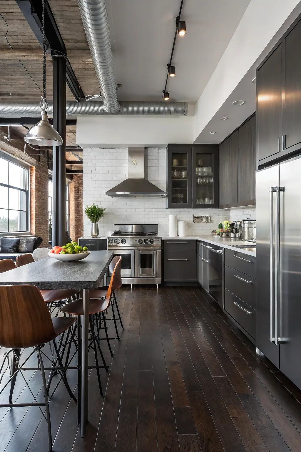 Stainless-steel appliances and metallic accents provide an industrial flair to this kitchen which features deep floors.