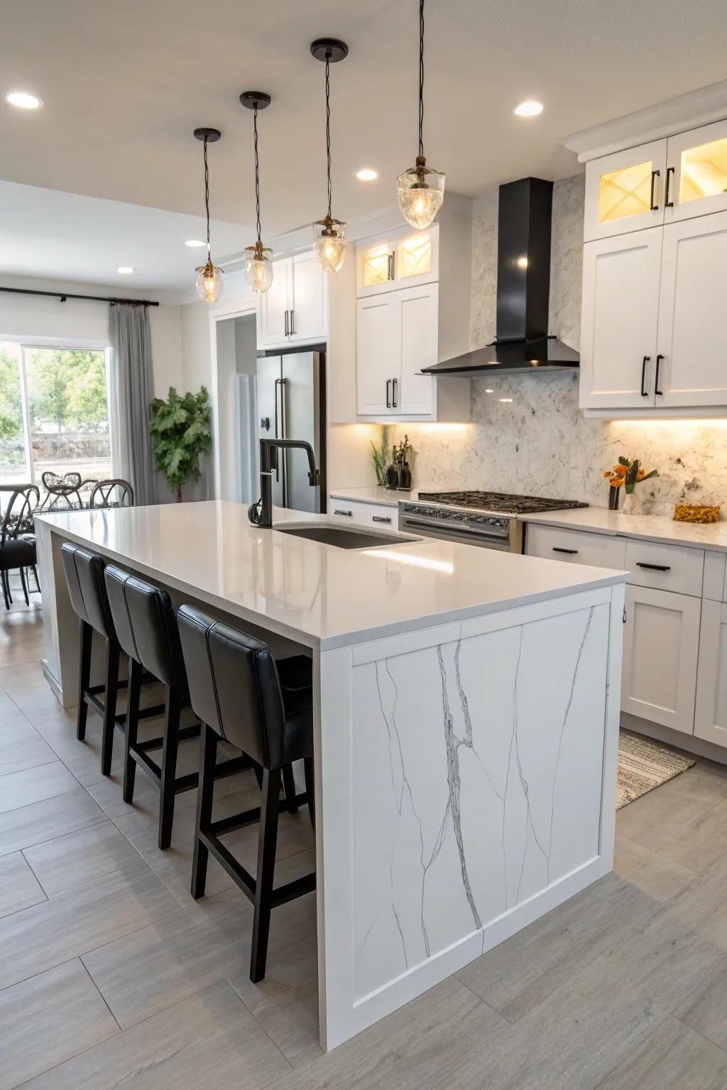 Elegant waterfall edge on a quartz worktop.
