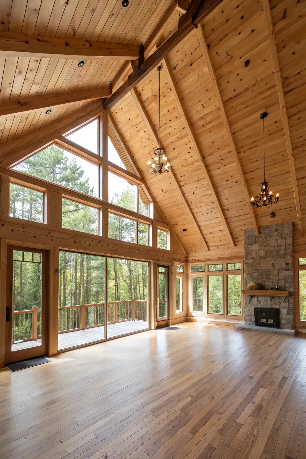 A spacious area with an impressive soaring ceiling built of pine cladding.