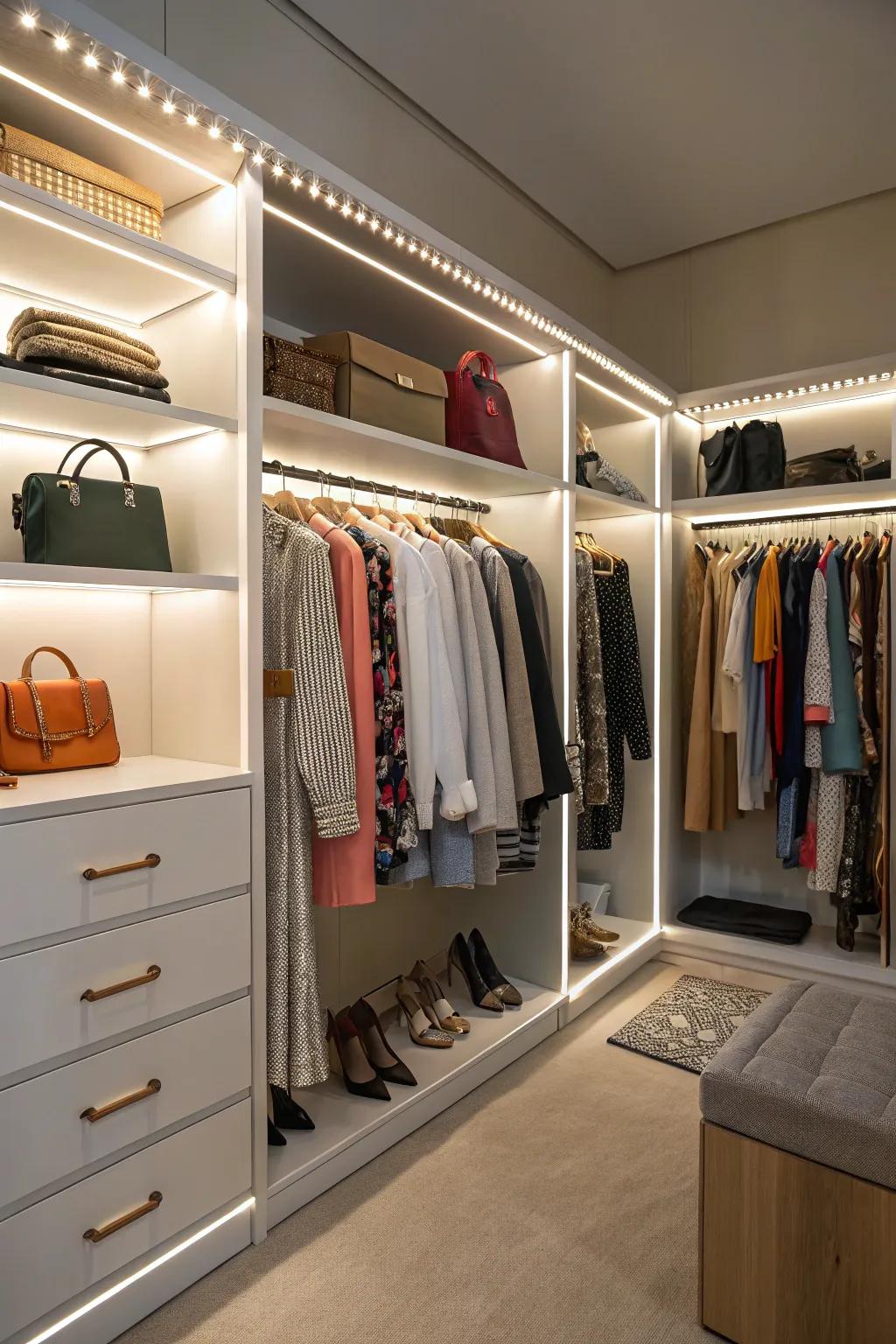 With integrated lighting in your walk-in closet, you can improve visibility.