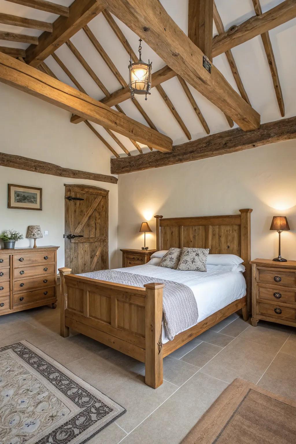 Wood features introduce warmth and country charm to the bedroom.