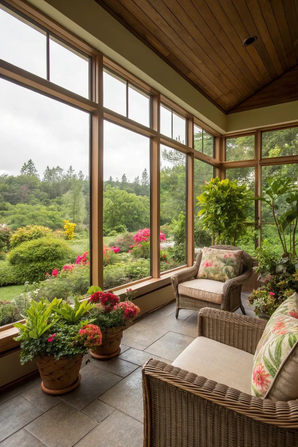 Unfiltered light inundates this lanai, underscoring the flourishing greenery beyond.