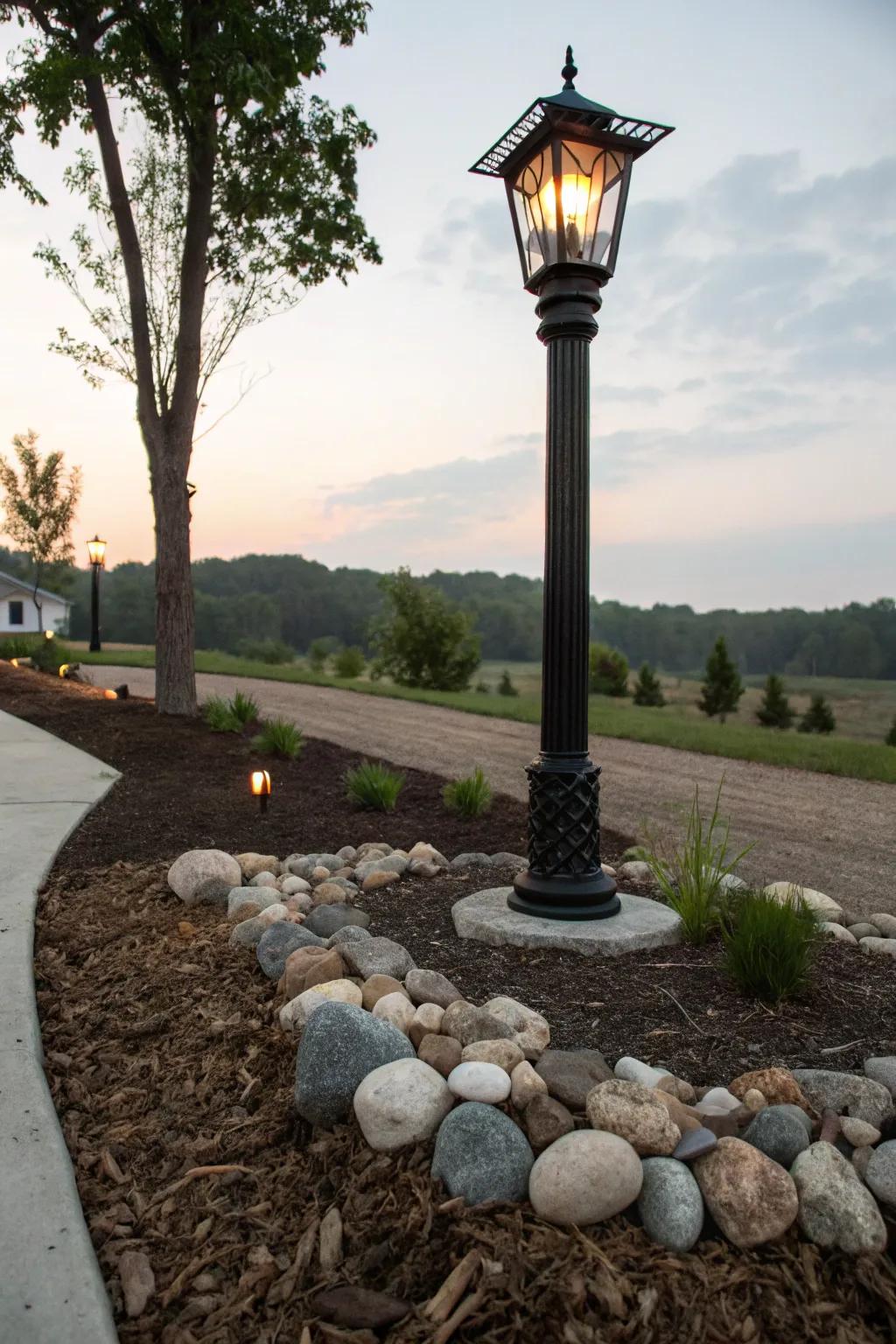 Ornamental stones providing a pristine and complete look around the lamp post.