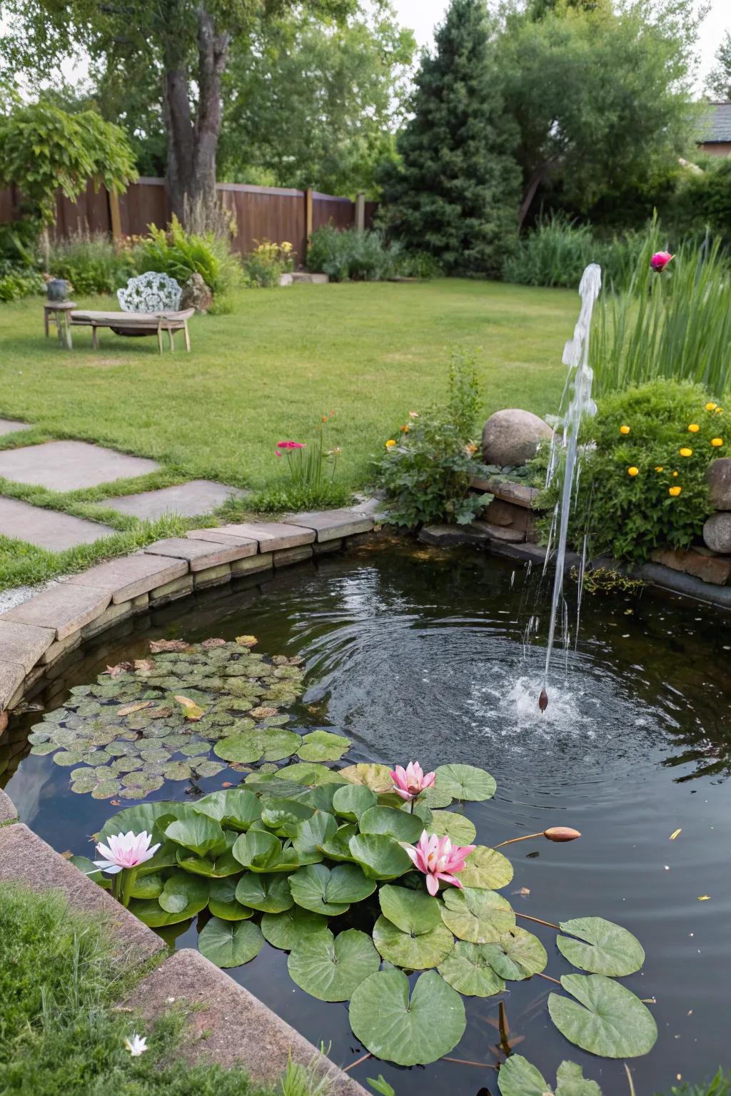 A small garden pond with water lilies and a gentle fountain, creating a serene setting.