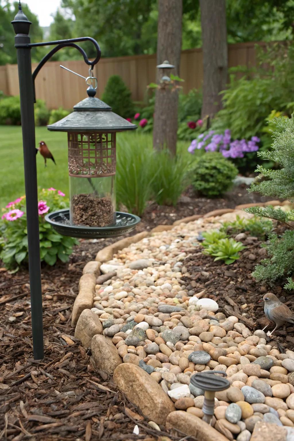 Mulch and gravel establish a neat and structured look around your feeder.