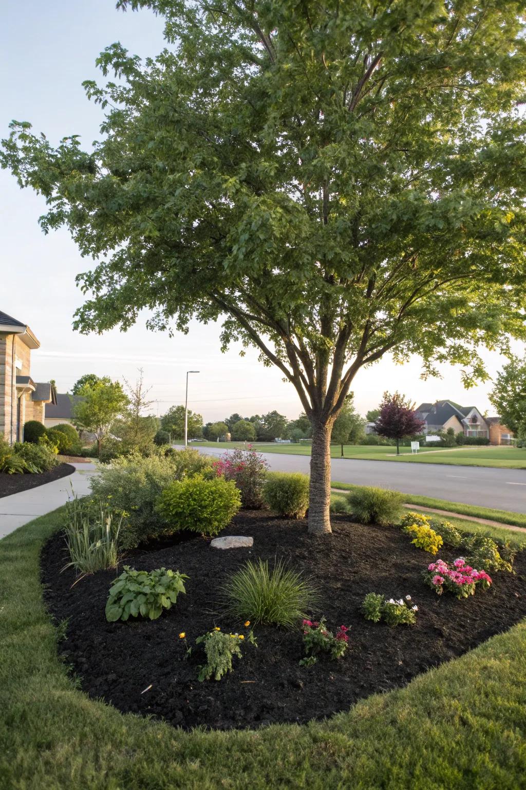 A tree exhibiting a tidy stratum of mulch and flourishing ground cover.