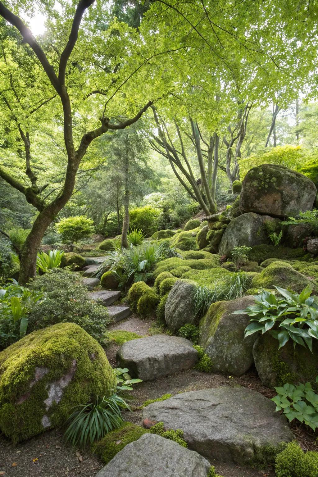 An exquisitely designed rockery within the woods.