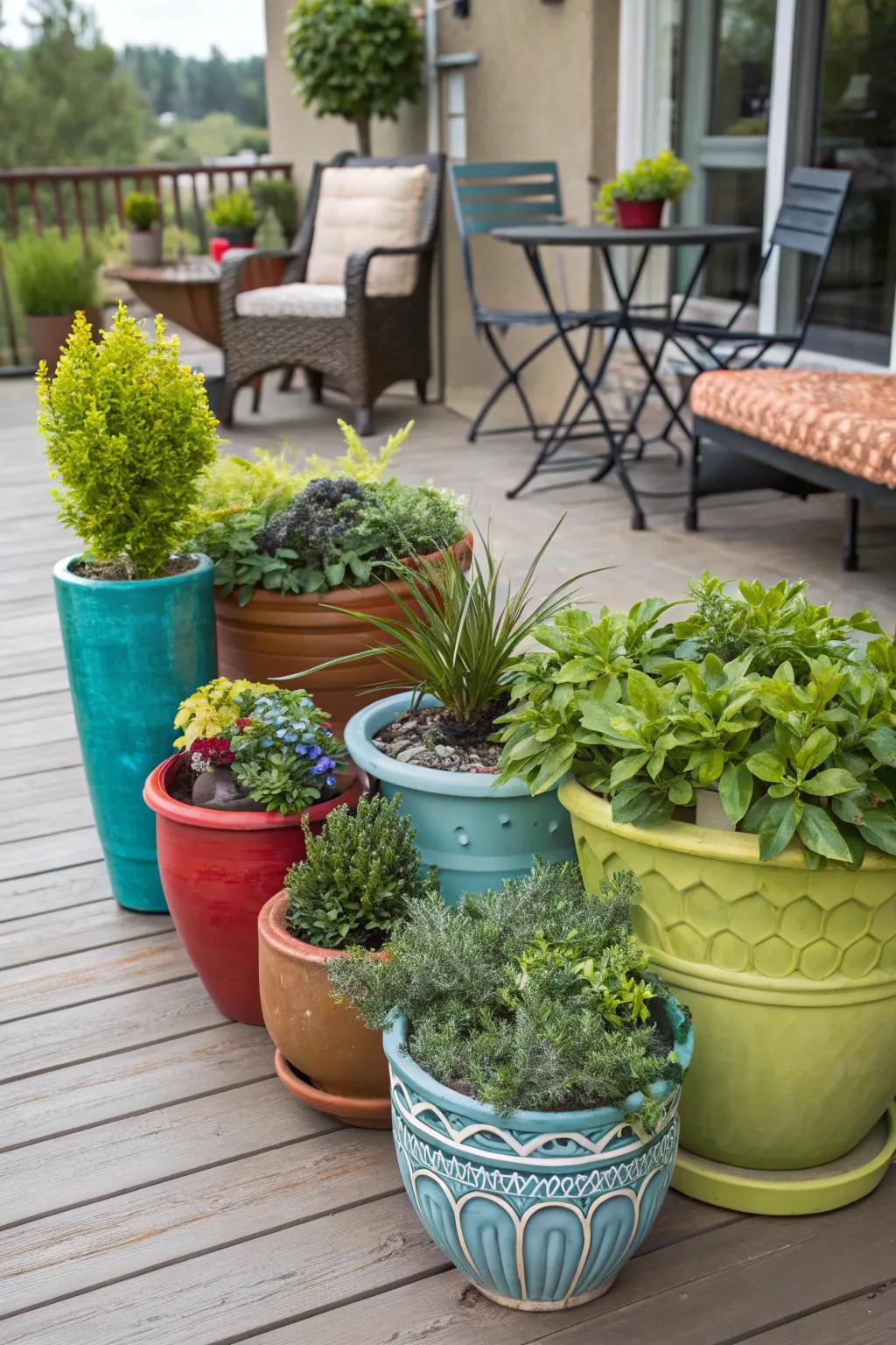 Unique planters enhance the appeal of artificial plants.