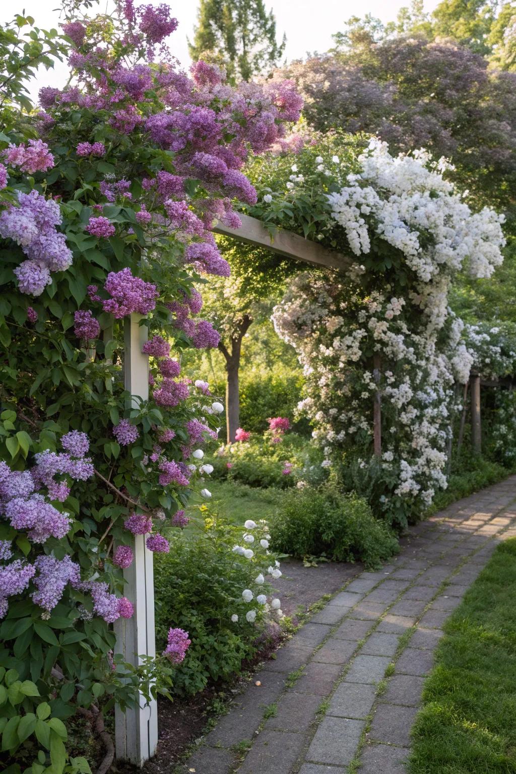 Climbing beauty vines inject a burst of color, augmenting the flowering duration of lilacs.