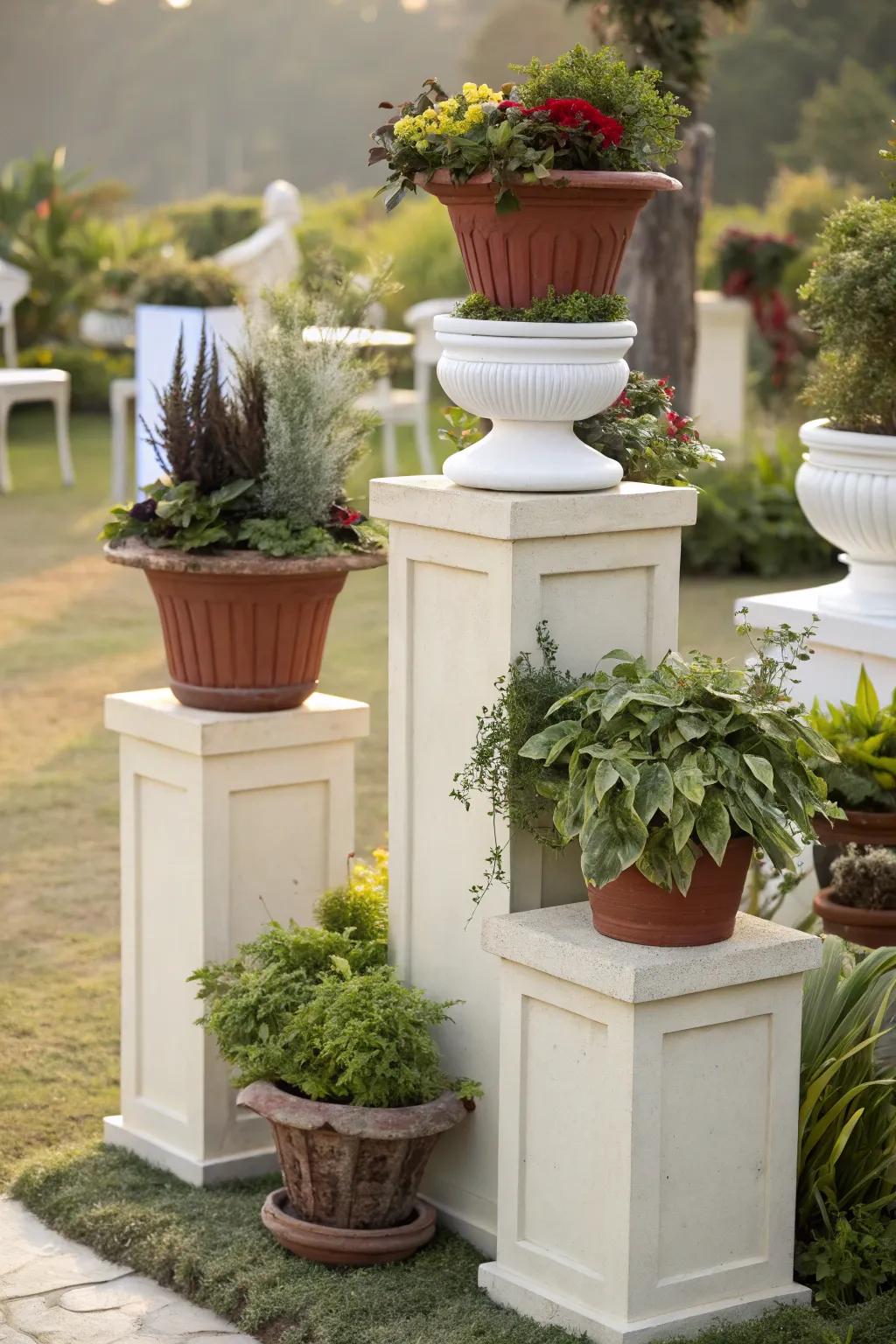 Amplify your garden's allure through layered plant pot arrangements.