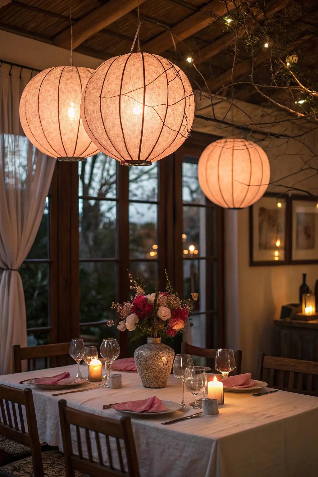 Hanging lanterns foster a romantic mood for dining.