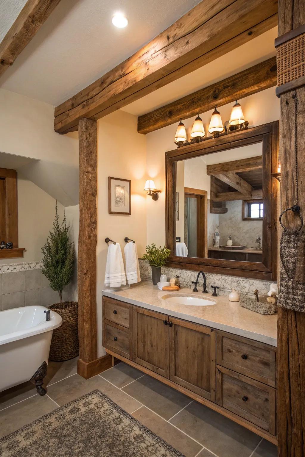 Reclaimed wood frames introduce a cozy and rustic charm to any bathroom setting.
