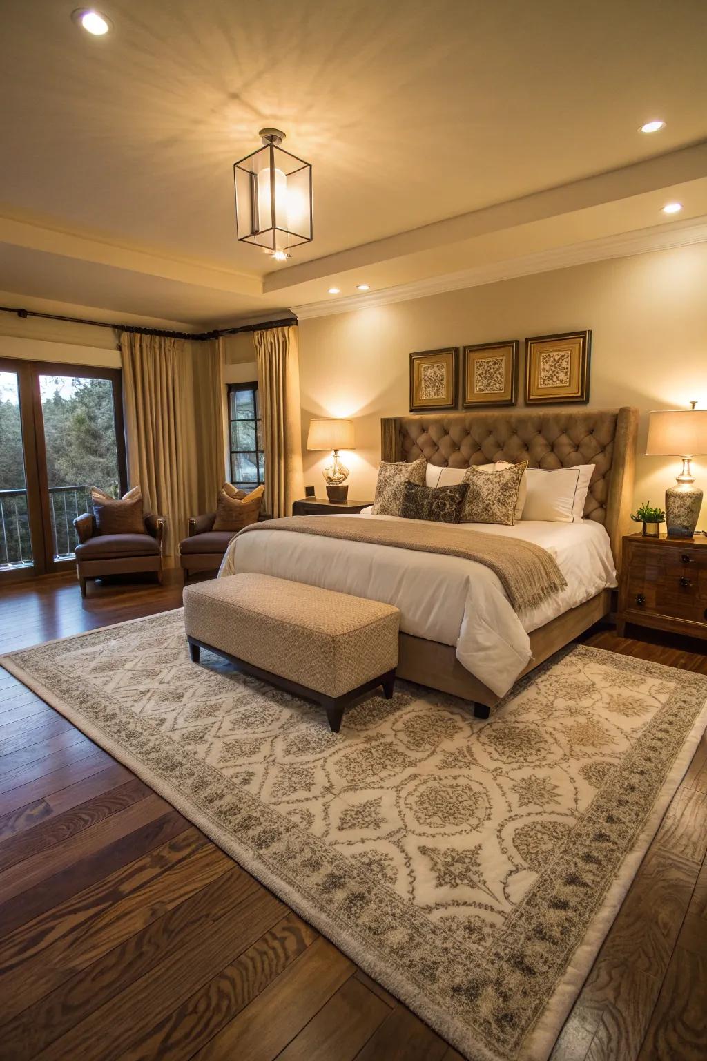 Strategically placed floor coverings highlight distinct areas, adding to the comfort and style of a generous bedroom.