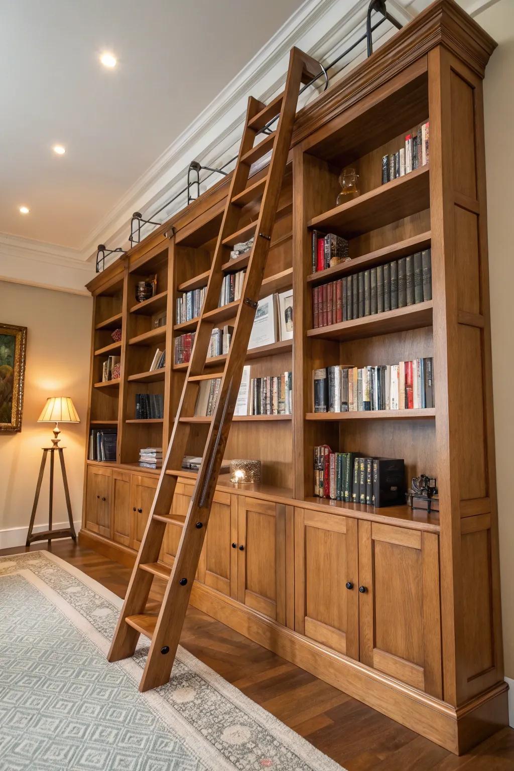 A library ladder brings sophistication and convenience to this magnificent bookshelf.