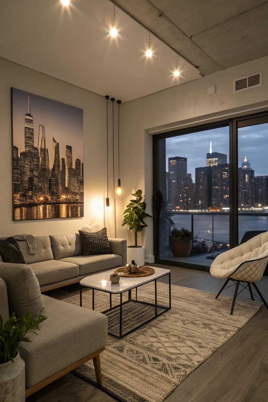 An urban skyline painting encapsulates the vibrant energy of city life.